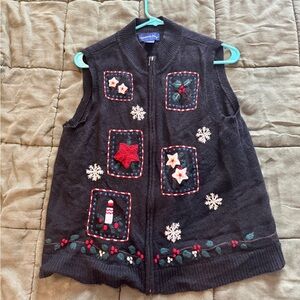 Charter Club Festive Black Sweater Vest with Red and White Embroidery